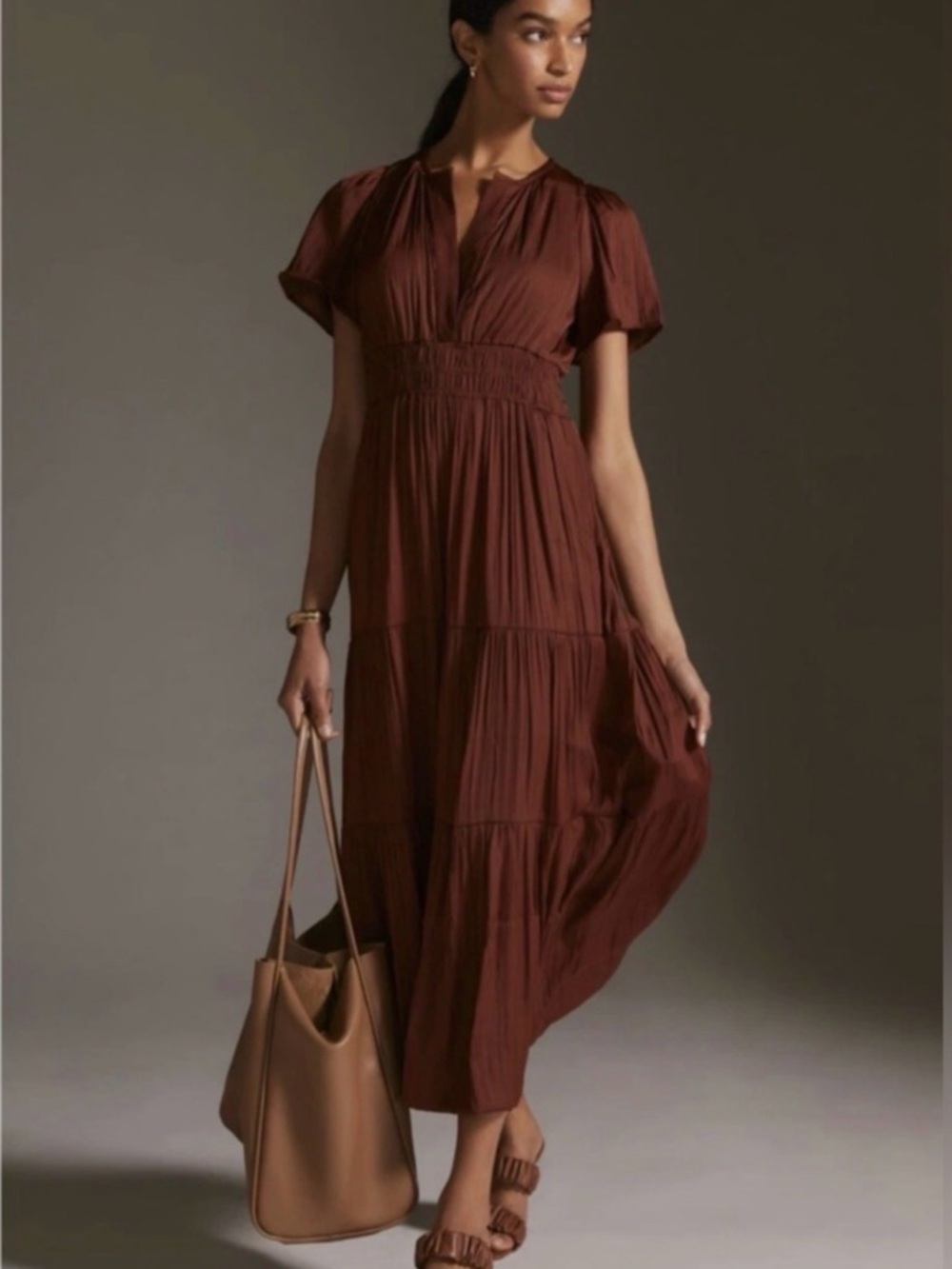 Anthropologie The Somerset Satin Chocolate Brown Maxi Dress